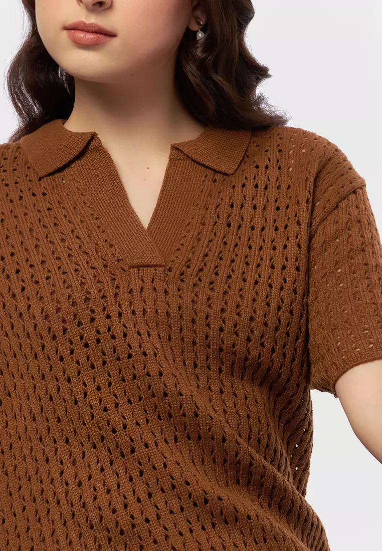 V-Neck Short Sleeve Midi Dress BROWN