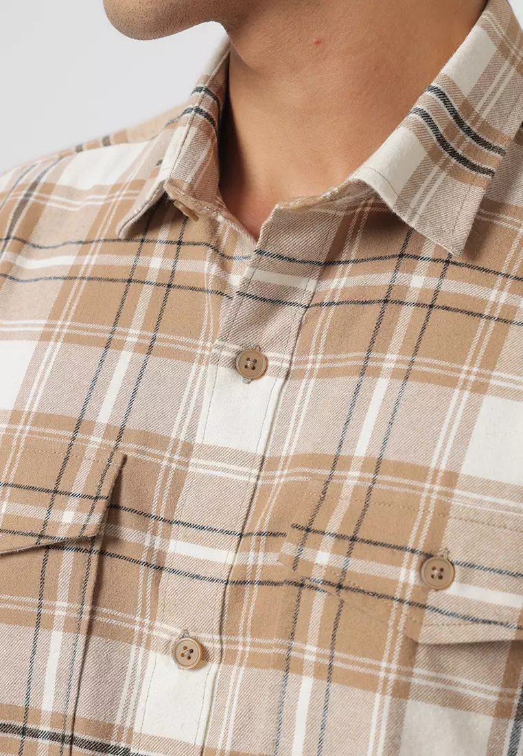 MELVINS - BEIGE Kemeja Flannel Pria Motif Kotak-Kotak Lengan Panjang Relaxed Fit