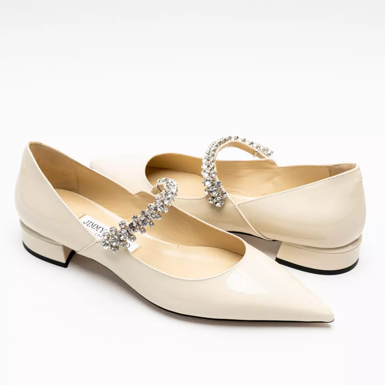 Bing 25 Crystal Strap Patent Leather Flat Pumps Linen