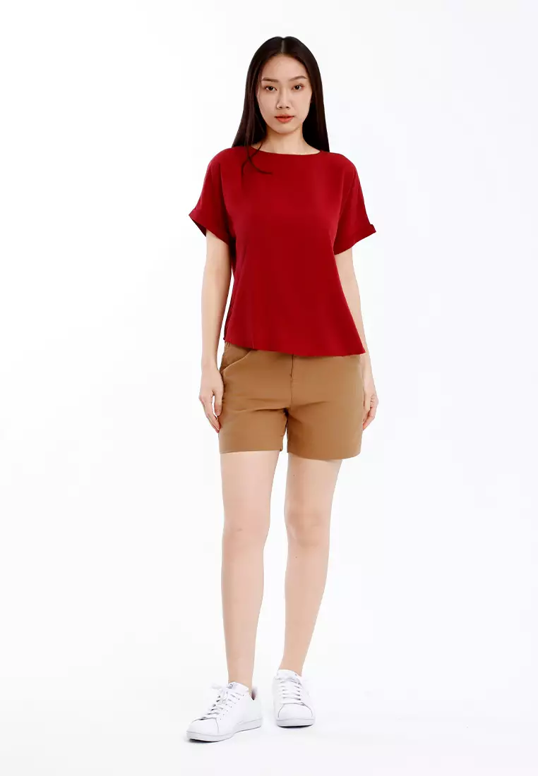 Forest Ladies Rayon Lyocell Casual Plain Blouse Women Short Sleeve Blouse - 822416-56Maroon