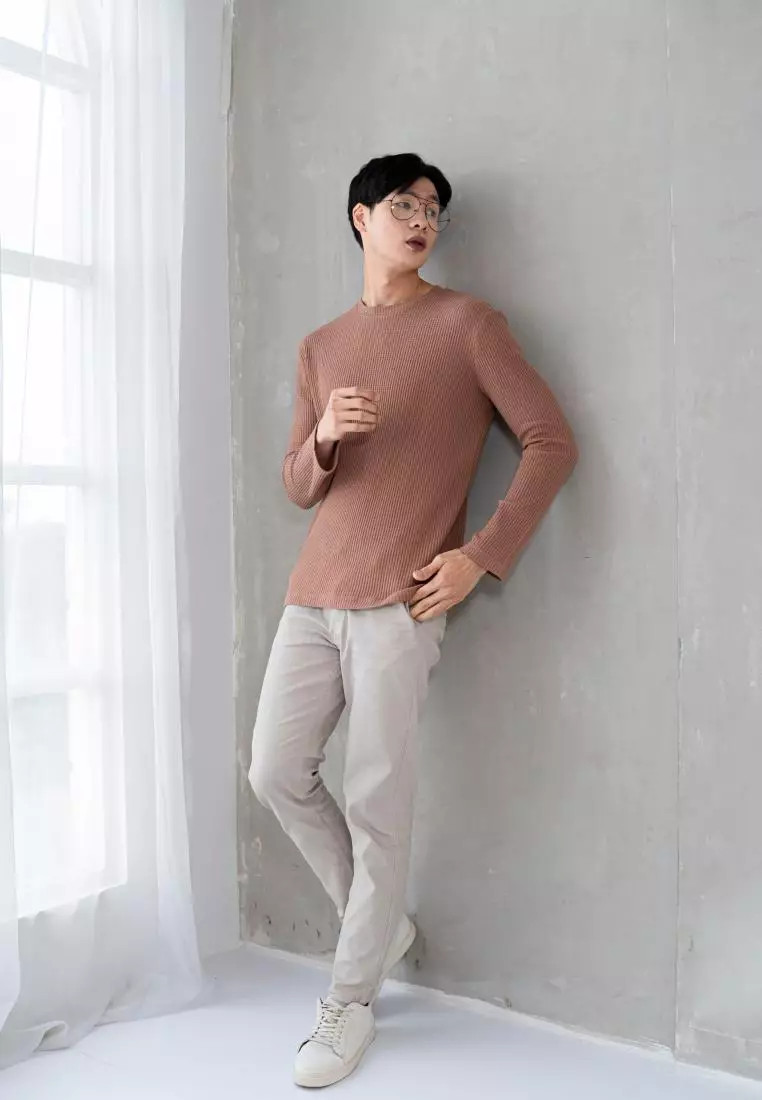 Kale Raffle Soft Brown / Kaos Polos Tekstur Lengan Panjang Pria