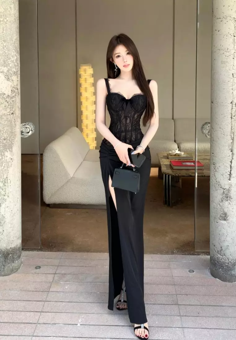 Elegant banquet lace slit dress CA26033030BK