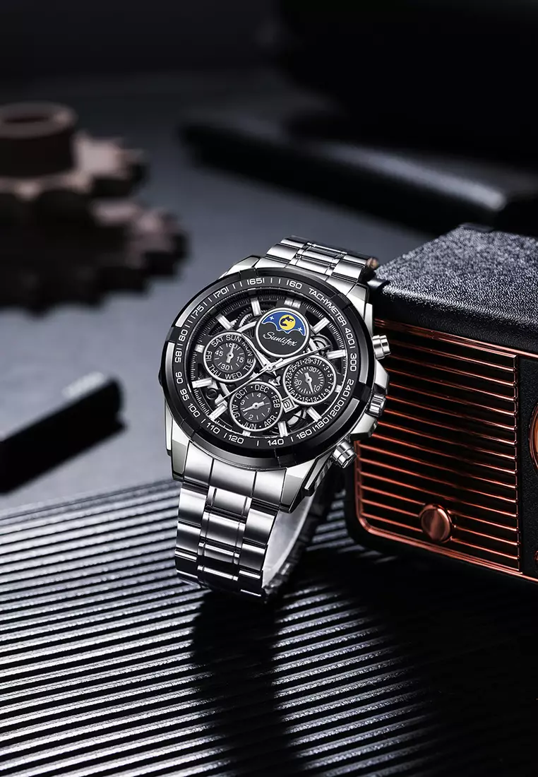Jam Tangan Pria Bercahaya Kalender Kasual Jam Tangan Cowok Kuarsa Original Tali Stainless Steel Anti Air silverblack