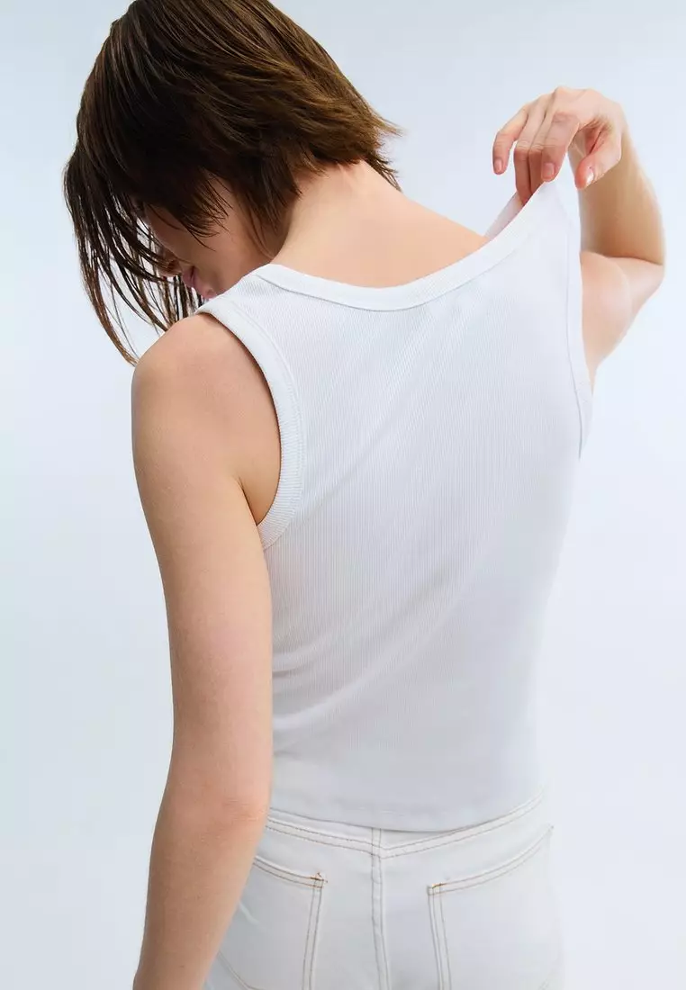 Ribbed Scoop Neck Tank Top - White