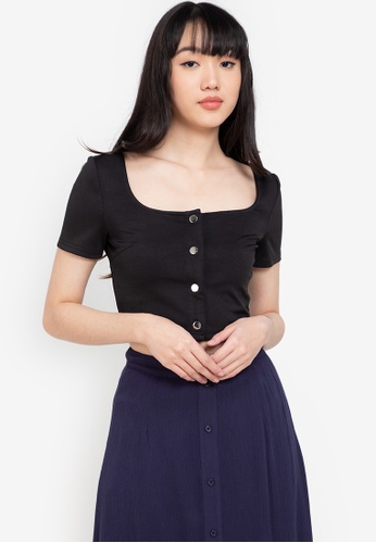 ZALORA BASICS black Button Down Crop Top AF04EAAACA172AGS_1