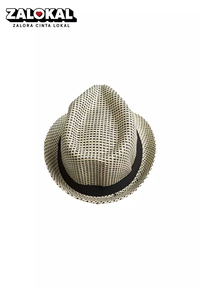 Topi Fedora Hat RATAN GREY DOT