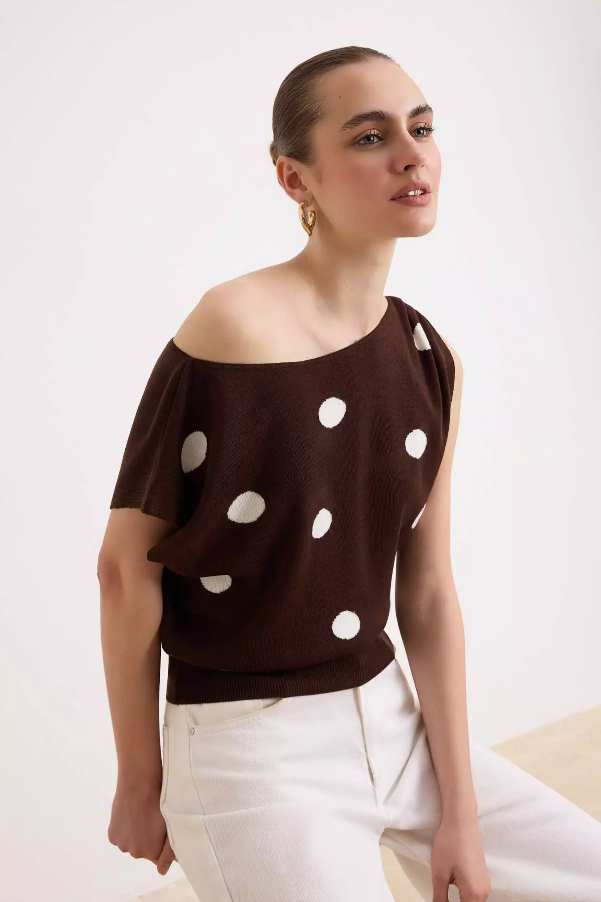 Brown Polka Dot Summer Special Yarn Boat Neck Waist Fitted Knitwear Blouse Twoss26Bz00313