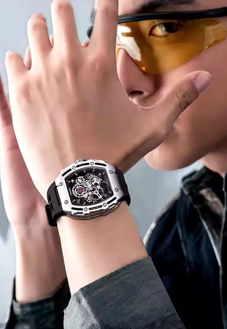 男女通用自動手錶，43 毫米，不鏽鋼，橡膠錶帶