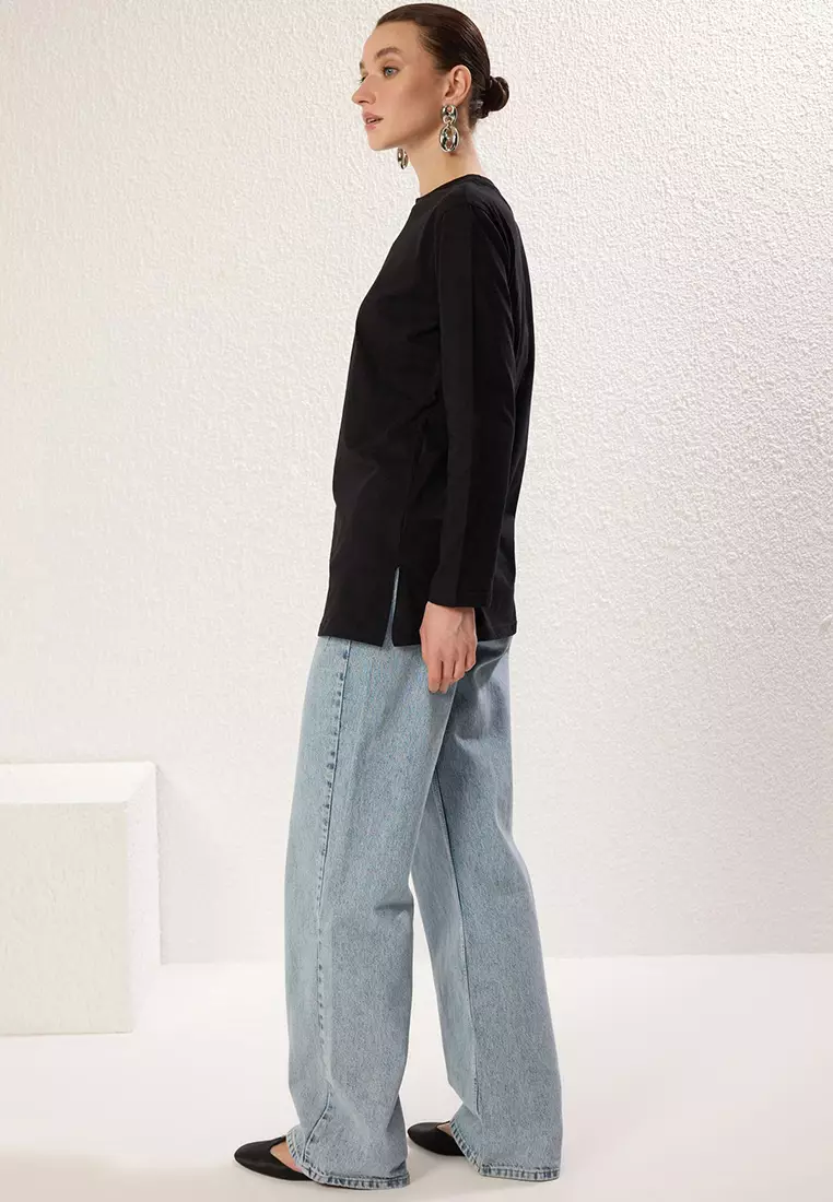 Black Beige Long Sleeve Slit Detailed Knitted T-Shirt TCTSS25RT00000