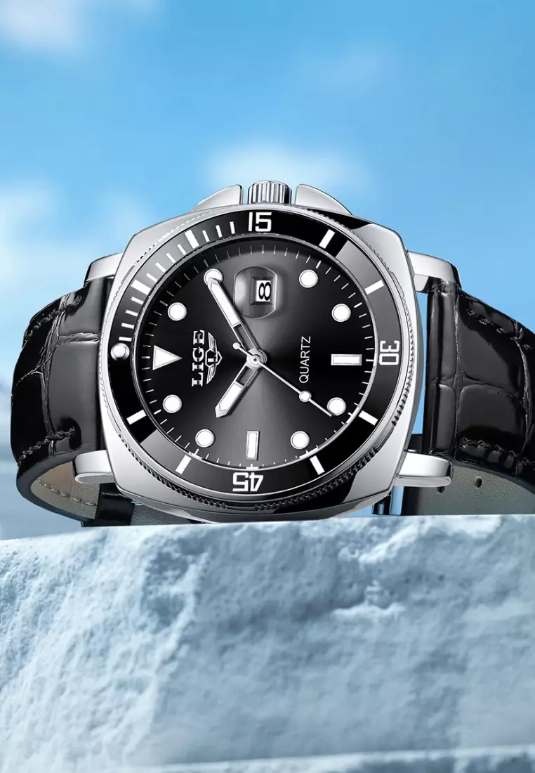 Unisex Classic Diver's Stainless Steel Quartz Watch with turning Bezel, Leather Strap