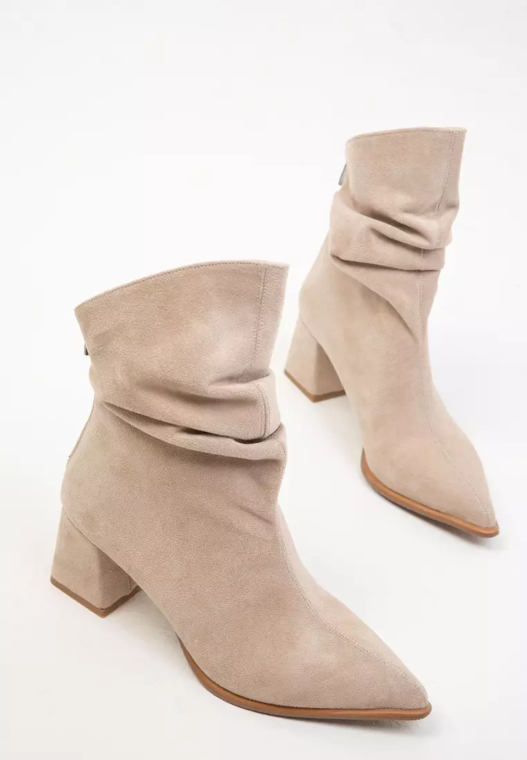 Ruched Pointed Toe Heeled Ankle Boots