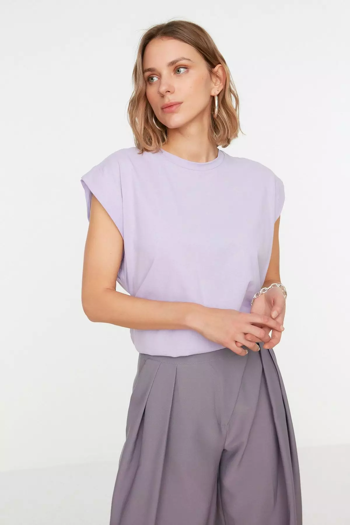Lilac 100% Cotton Wadding Look Basic Crew Neck Knitted T-Shirt TWOSS20TS0021
