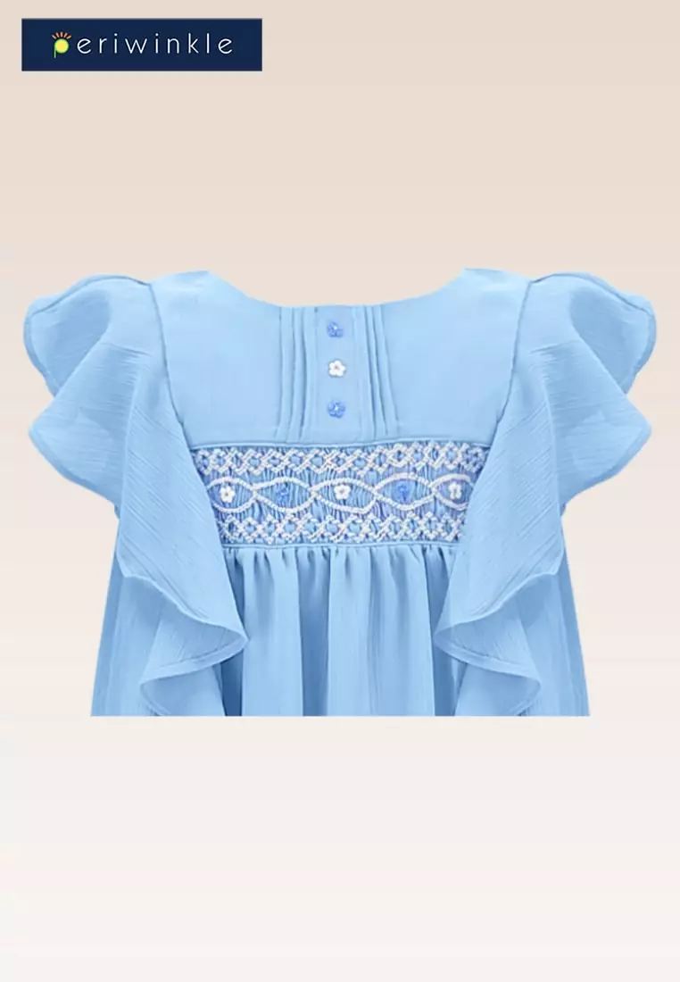 Juliette Girls Blue Tunic Dress with Smocking and Embroidery Details