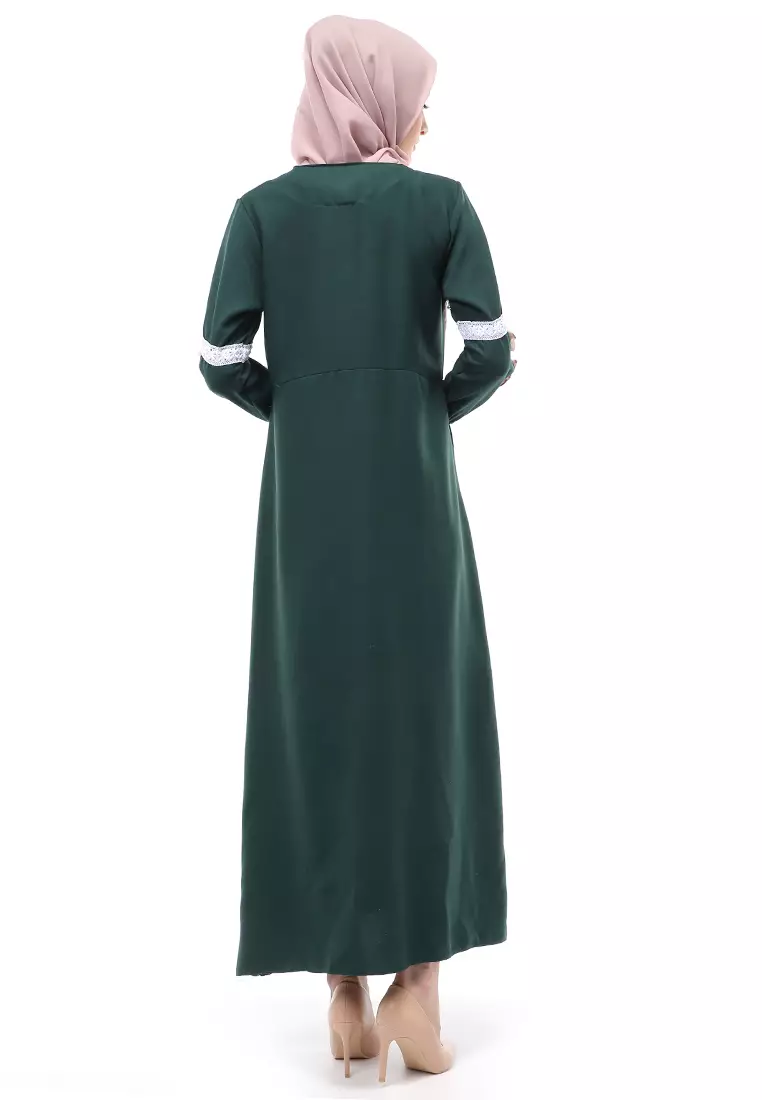 Velicia Gamis Muslimah Wanita Motif Polos Long Sleeve Regular Fit - Hijau Botol