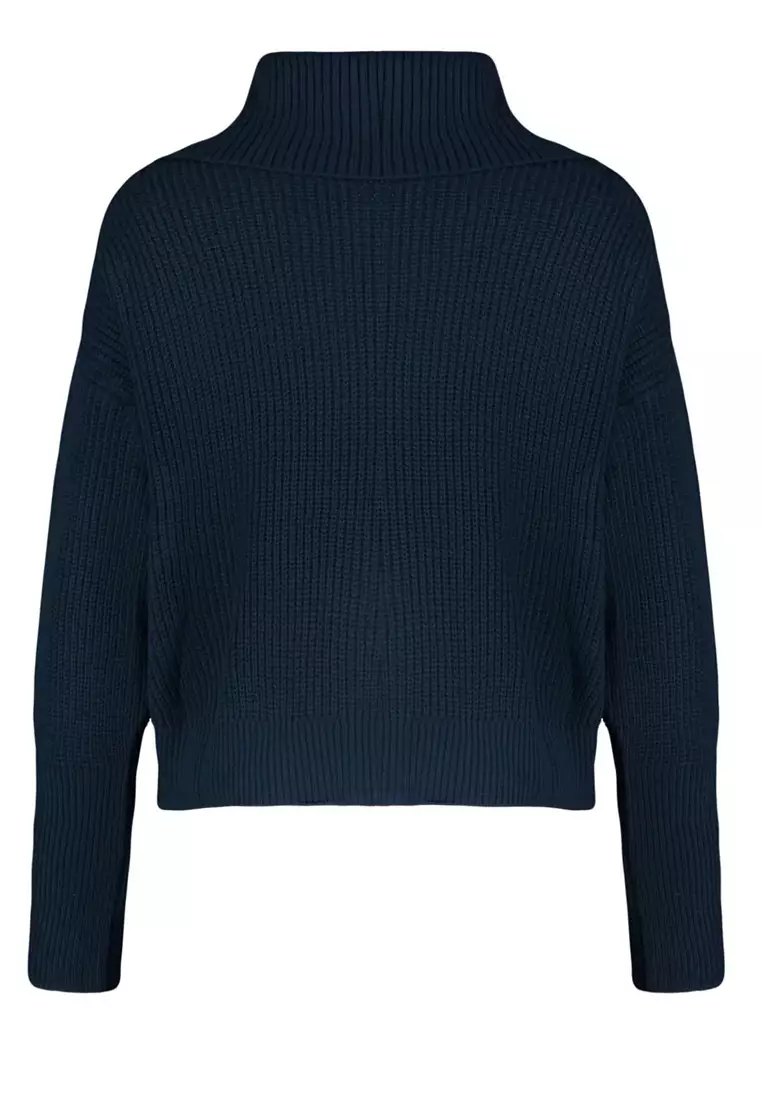 Navy Blue Turn-Down Collar Zippered Crop Knitwear Cardigan Tbbaw25Av00009