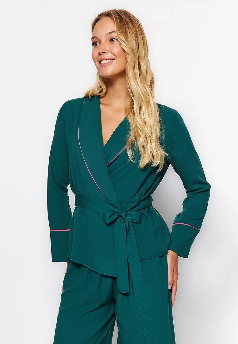 Belted Piping Detailed Double Breasted Woven Pajama Set