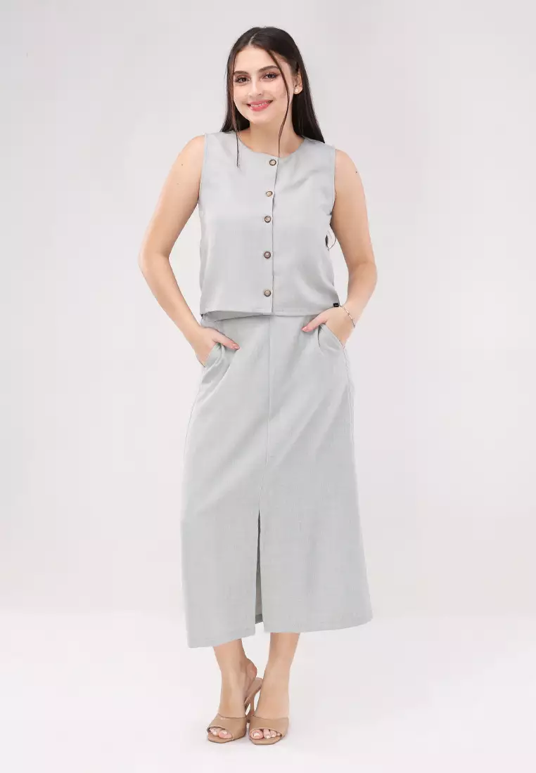 Acid Linen Sleeveless Vest Terno Skirt