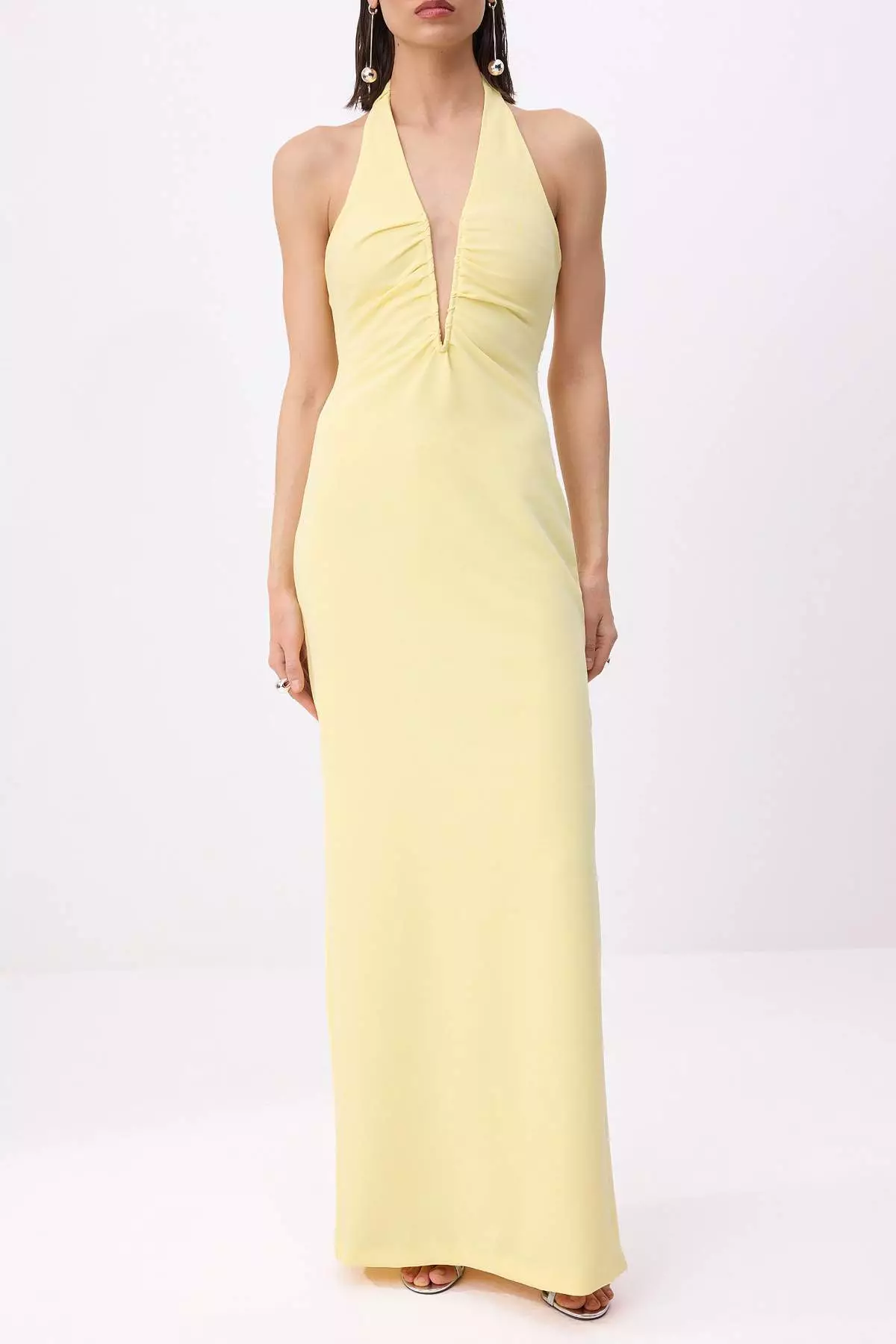 Yellow Deep V-Neck Woven Maxi Evening & Prom Dress Tprss26Ae77