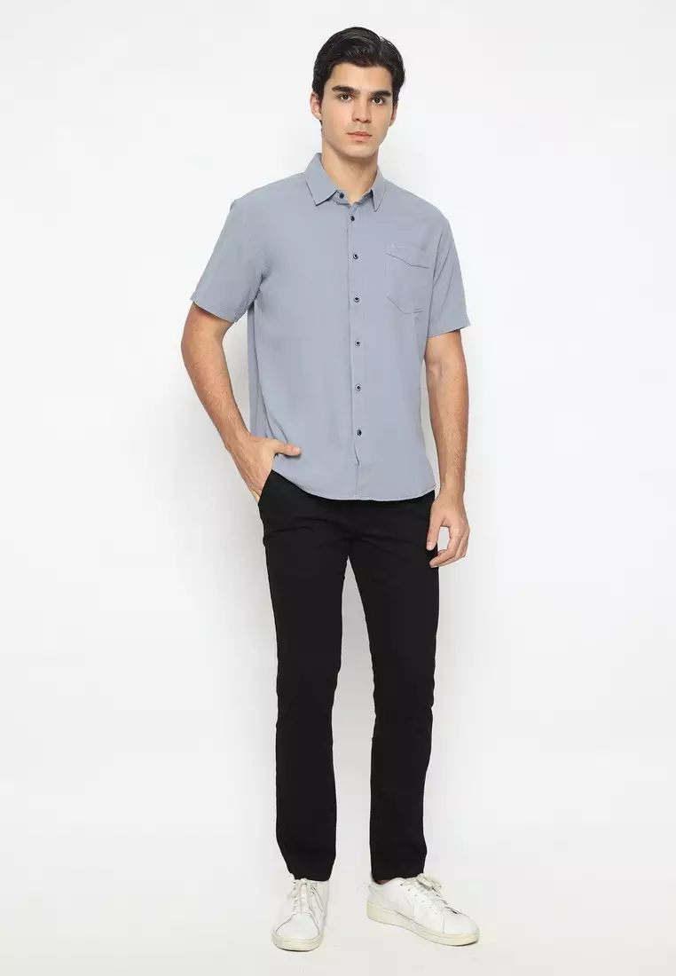 POLICE Kemeja Polos Cotton Abu Regular Fit Pria