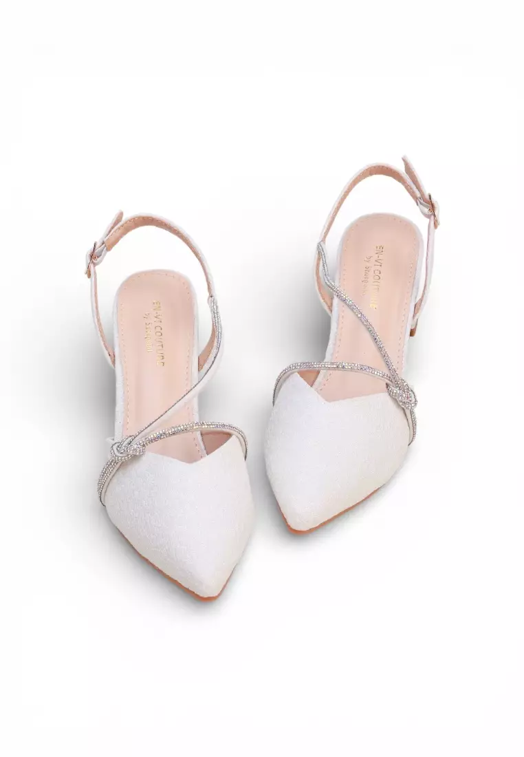 Sparkle Crystal Pointed Slingback 5cm Block Heels 83743 in White
