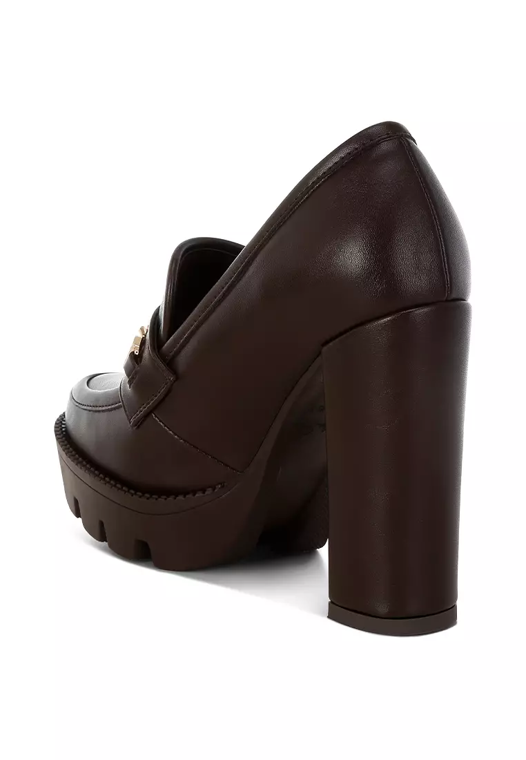 Brown Chunky High Block Heeled Loafers