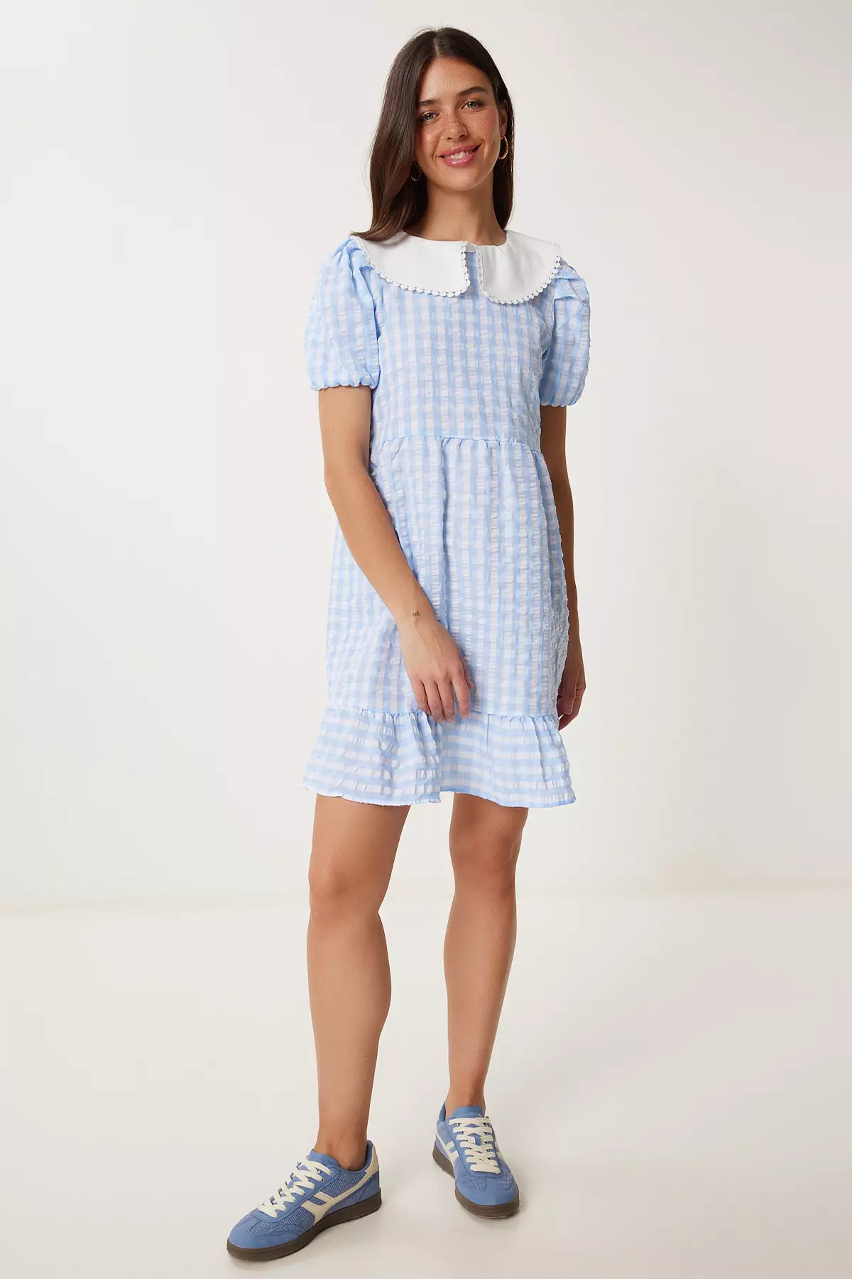 Women's Sky Blue Checkered Summer Mini Woven Dress Tp00058