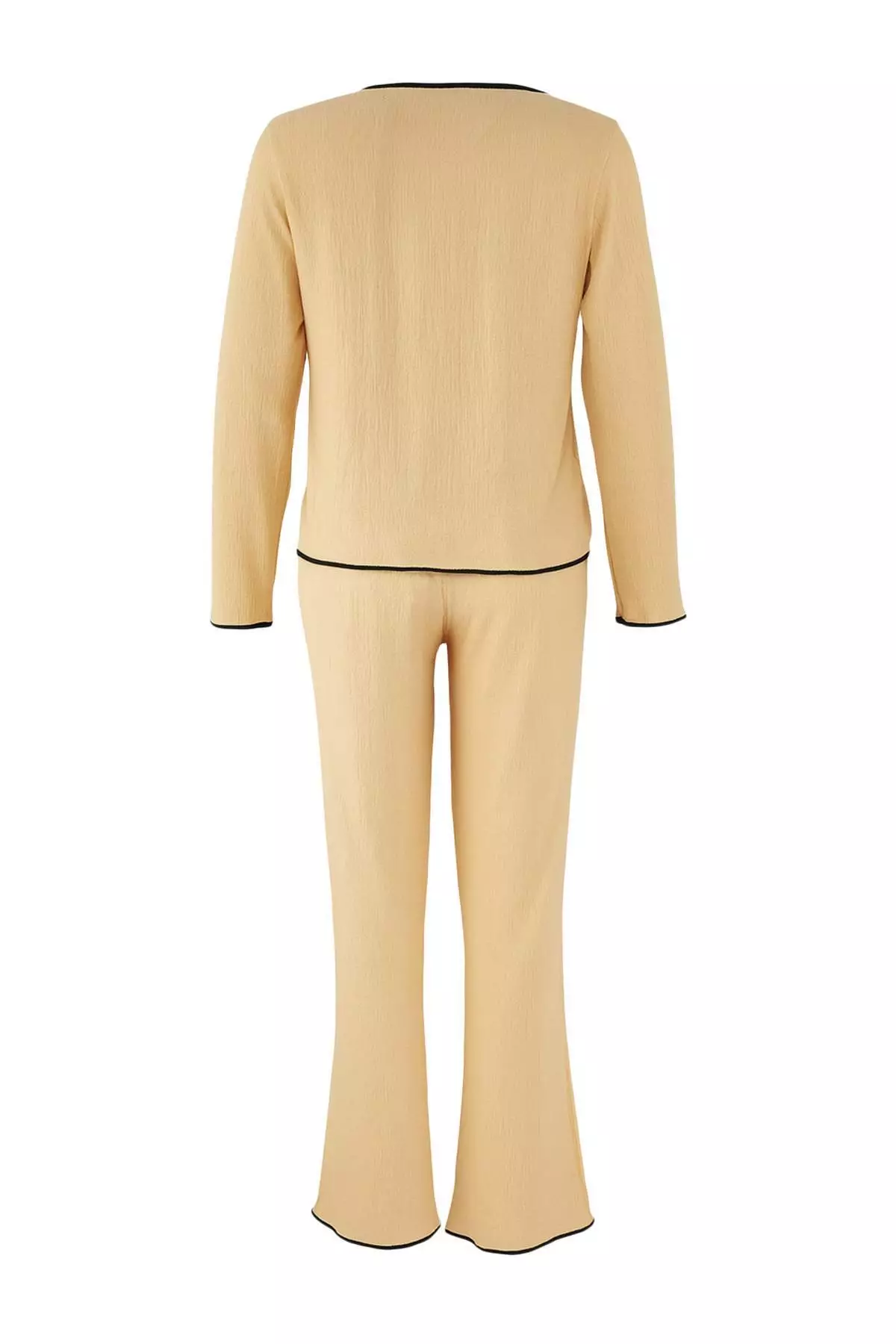 Beige Buttoned And Piping Textured Crepe Knit Pajama Set Thmaw26Pt00097