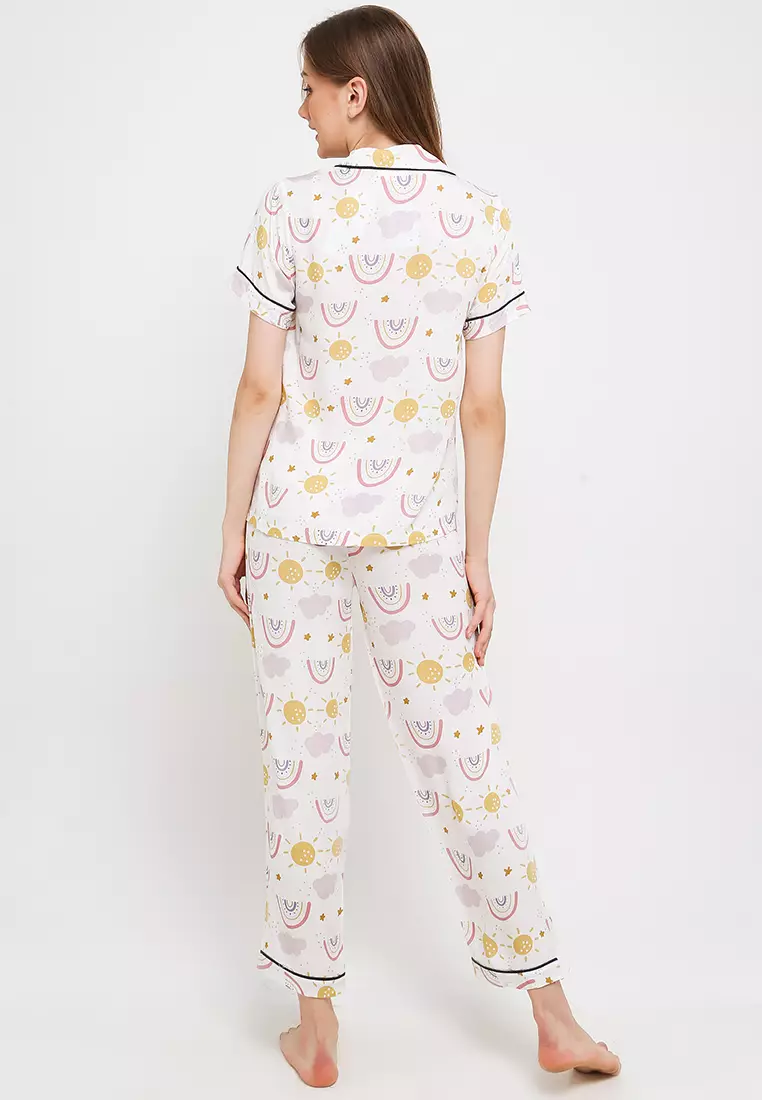 Pyjama Pijama Satin Silk Short Sleeve Long Pants Sleepwear