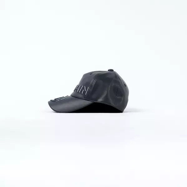 Topi BALMAIN B CIRCLE TEXT EMBROIDERY BLACK LEATHER CAP 100% ORIGINAL