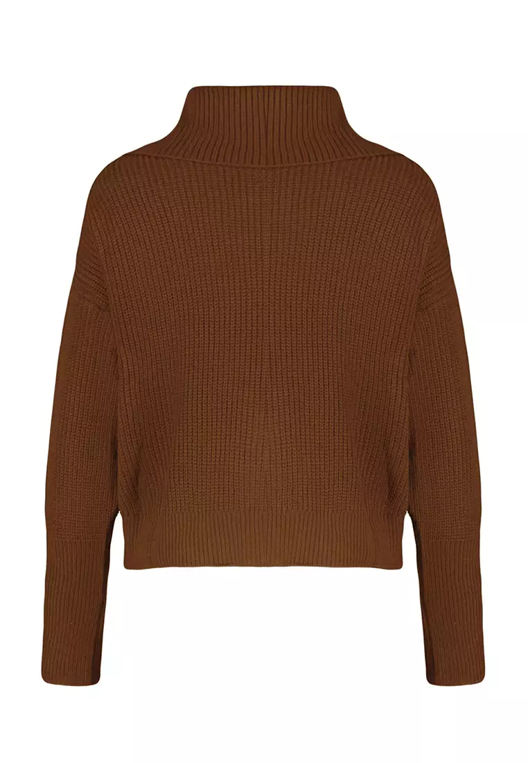 Light Brown Wide Fit Turn Down Collar Zipper Knitwear Cardigan