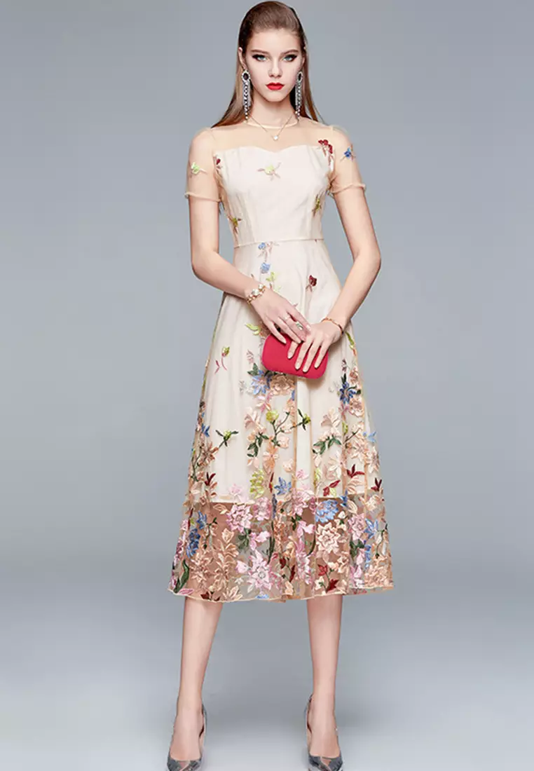 Tulle with Embroidered Floral Midi One Piece Dress Evening Dress  A21032909KI