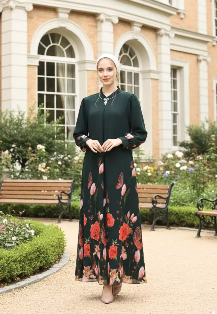 Mosleem Long Dress Floral Motif In Emerald Green By Brilliant Girl Warna HIJAU
