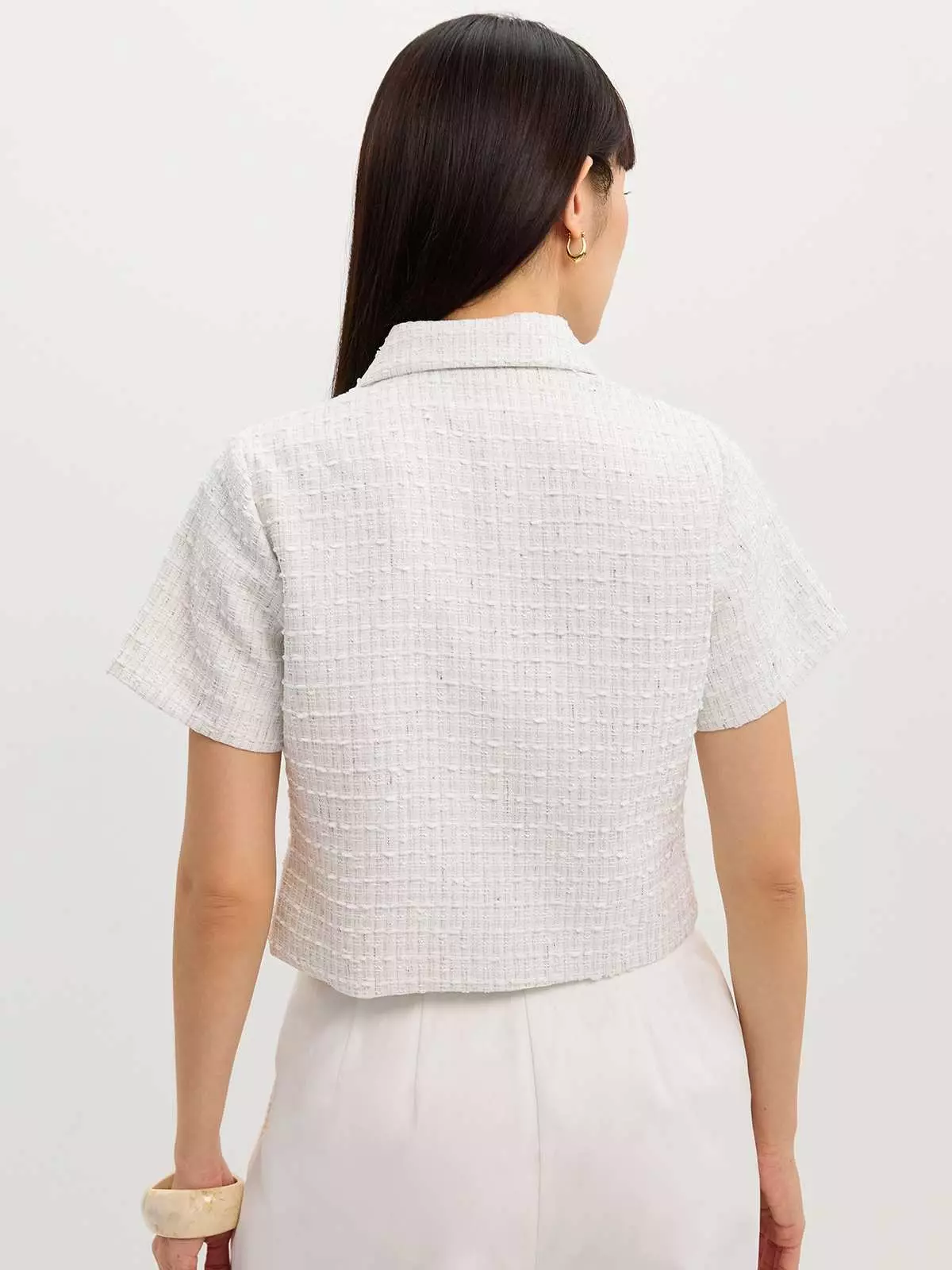 Pomelo - Kemeja / Shirt Wanita - Tweed Crop Top - White