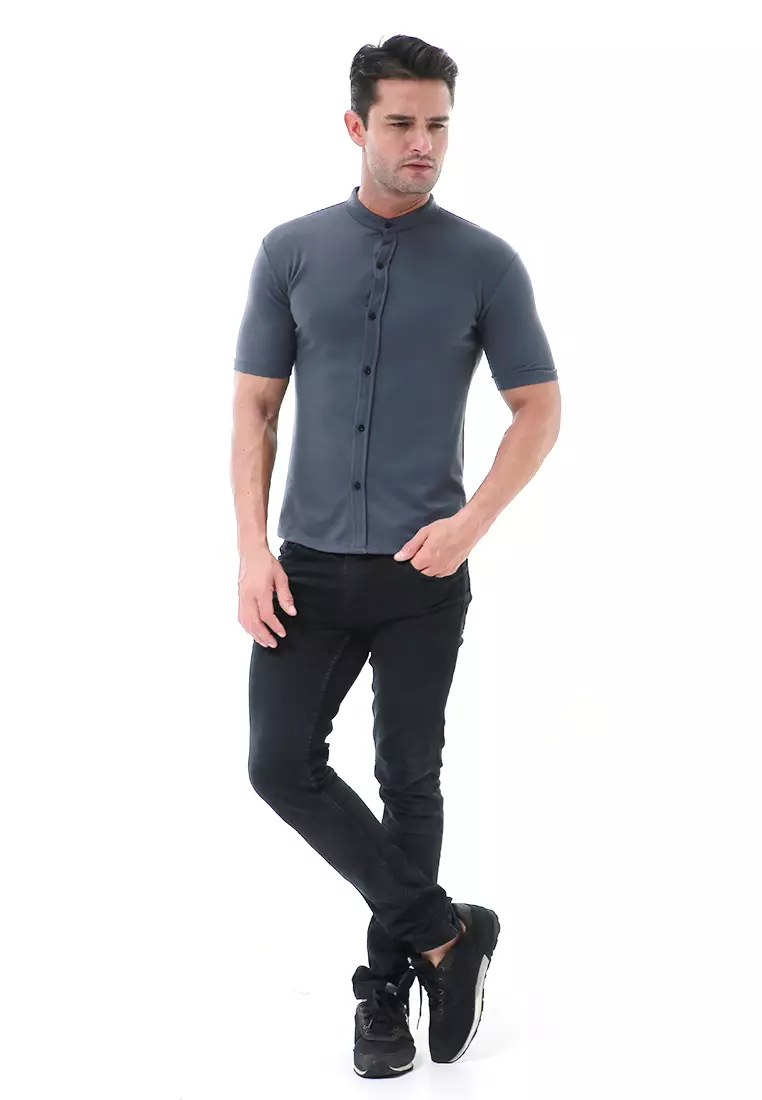 Leopold Atasan Pria Kemeja Kasual Slim Fit Lengan Pendek Motif Polos Material Cotton ORIGINAL - Gray