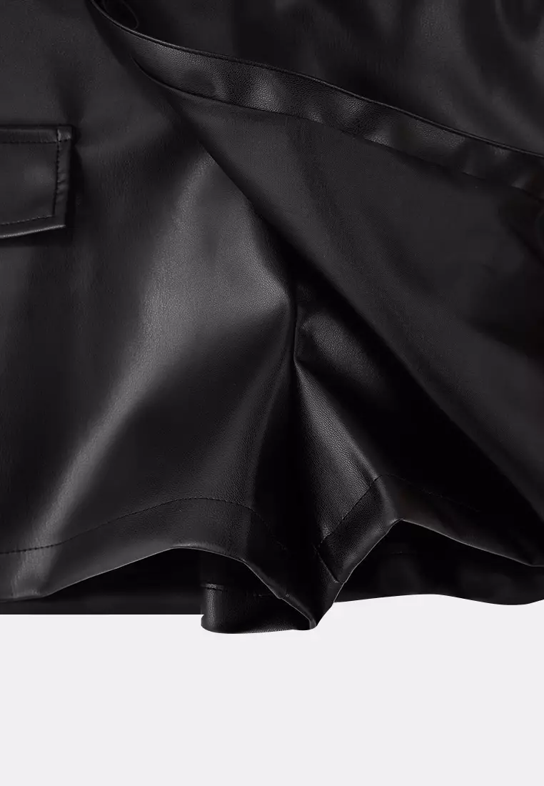 Black Faux Leather Mini Double-Breasted Short Skirt Twoss26Sr12