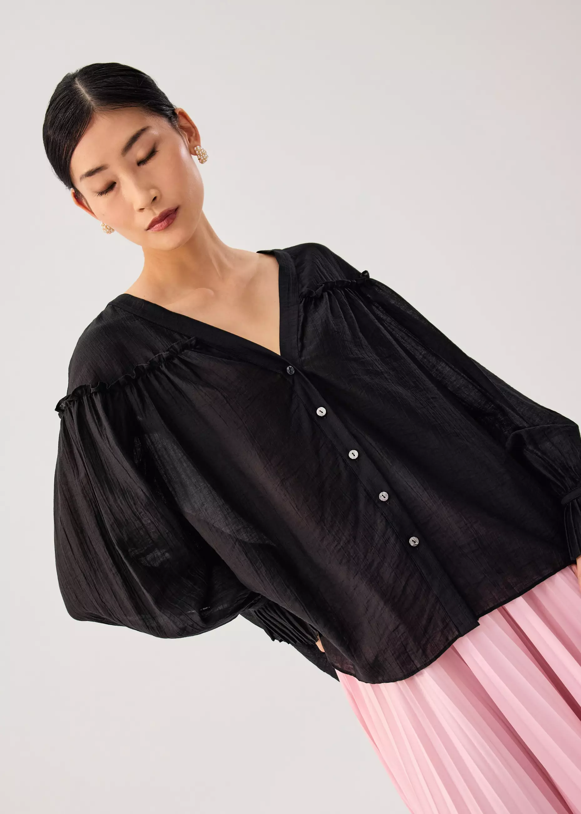 Atasan Wanita - Relaxed Ruffle Trim Lyocell V-neck Long Blouse