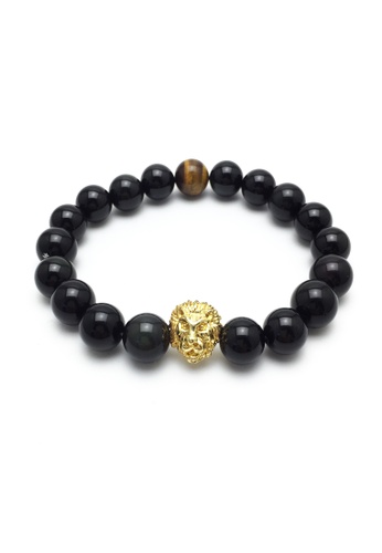 Memento Collection black Golden Lion Head Detailed Obsidian Bracelet with Tiger's Eye ME060AC08UEXMY_1