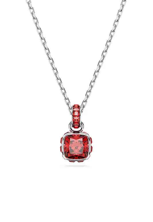 Birthstone Pendant, Square Cut, July, Red, Rhodium Plated