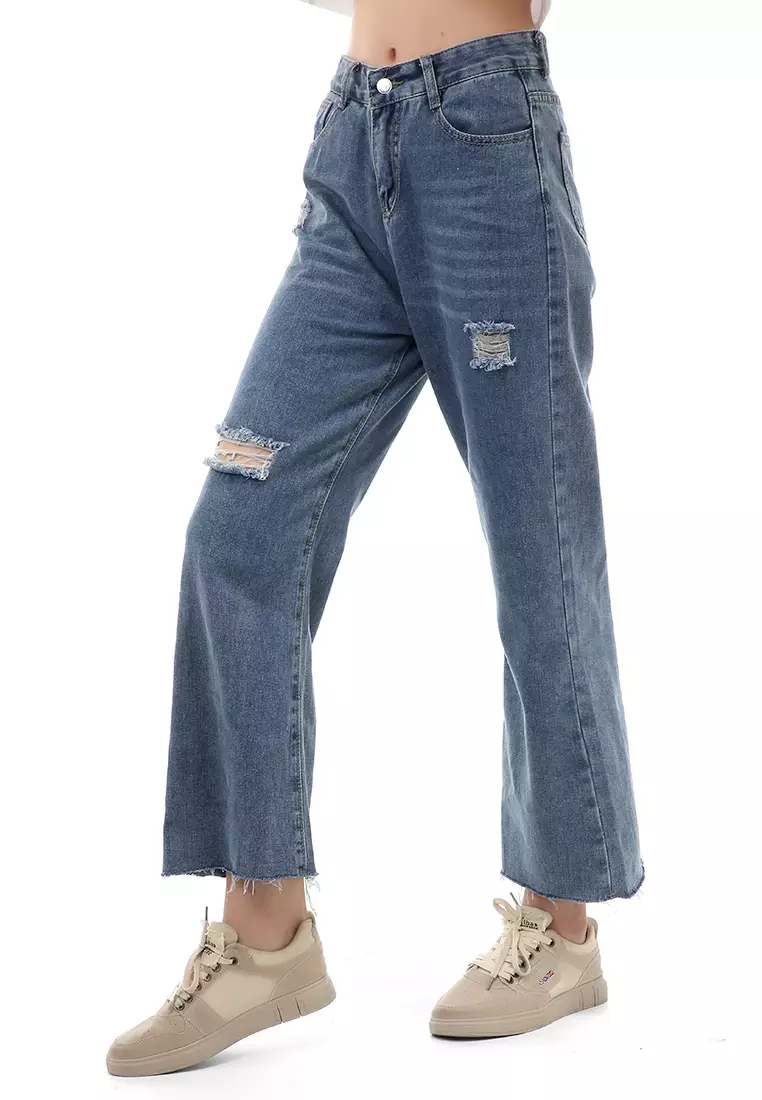 Jourel  Long Pants Celana Panjang Baggy Ripped Jeans Wanita Material Denim ORIGINAL - Dark blue