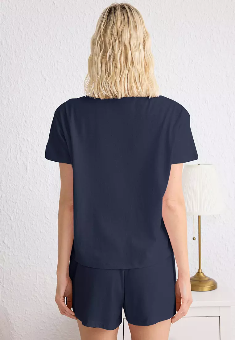Navy Blue Heart Patched Shorts Knitted Pajama Set THMSS25PT00155