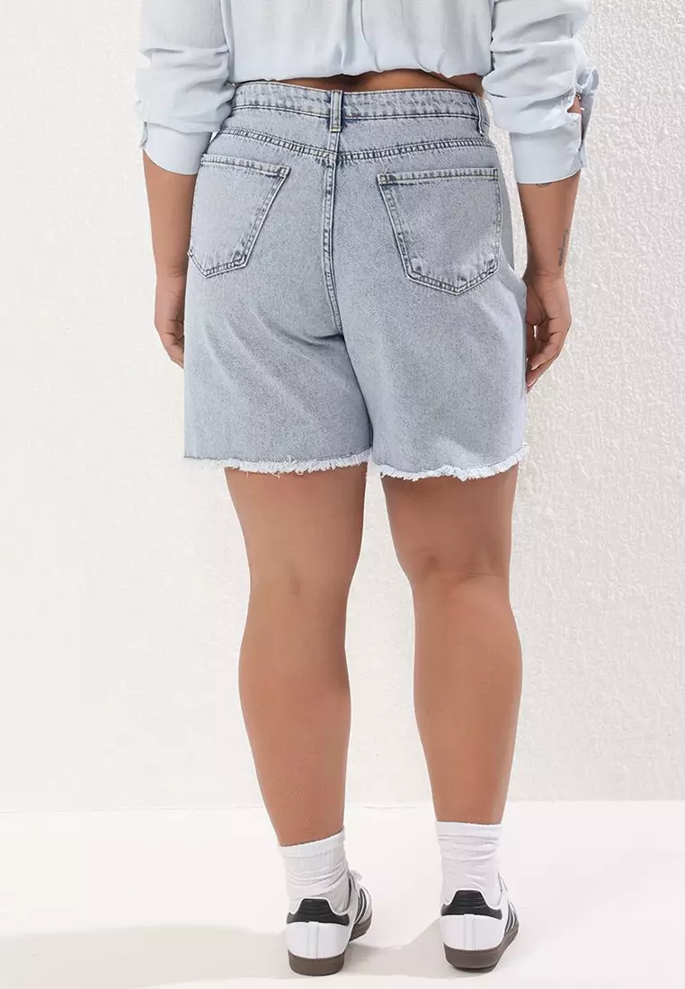 Blue Ripped High Waist Plus Size Denim Shorts TBBSS25AP00034