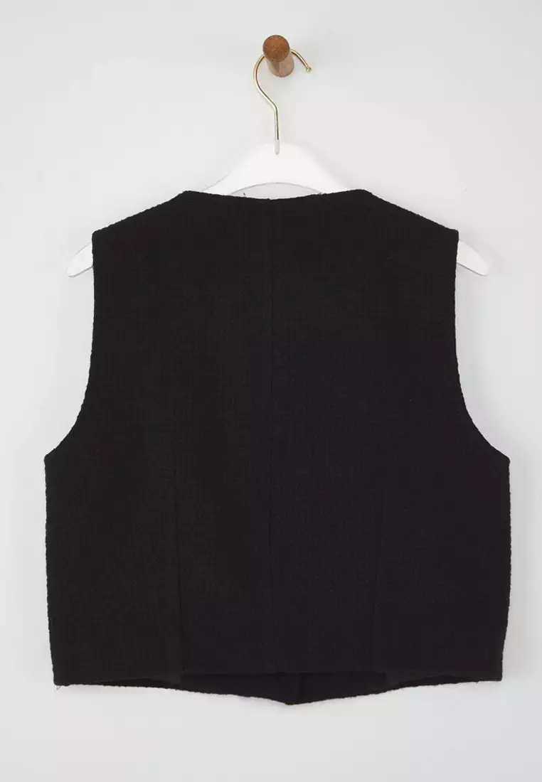 Black Accessory Buttoned Woven Tweed Vest Twoaw26Ye00019