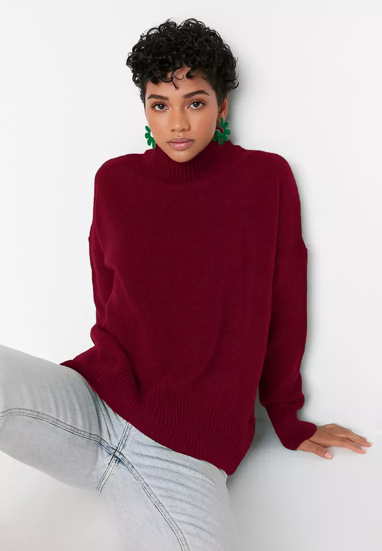Claret Red Wide Pattern Soft Textured Stand Collar Knitwear Sweater