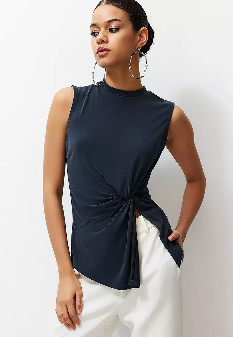 Anthracite High Collar Knitted Blouse With Ruffle And Slit Detail