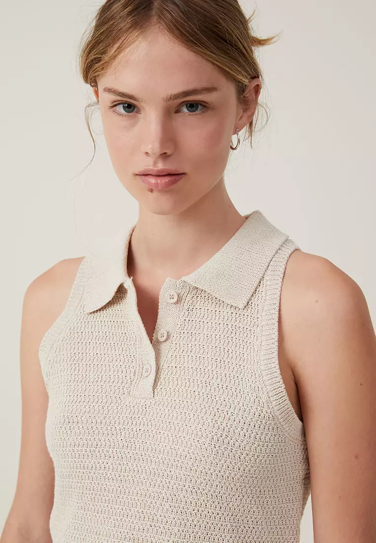 Textured Knit Sleeveless Polo