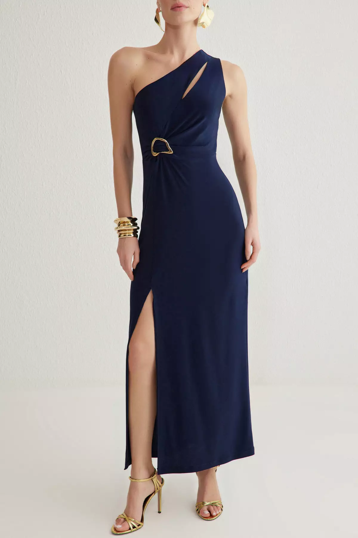 Navy Blue Body-fitting Accessory Detailed Knitted Long Elegant Evening Night Graduation Dress TPRSS25AE00016