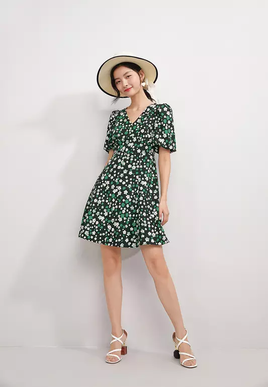 V-Neck Short Sleeve Floral Mini Dress
