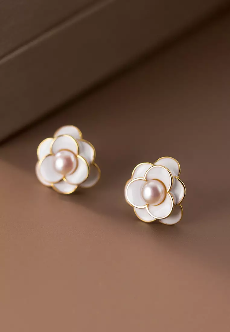 925 Silver Plated Gold Freshwater Pearl Floral Earrings JW AR-M01882