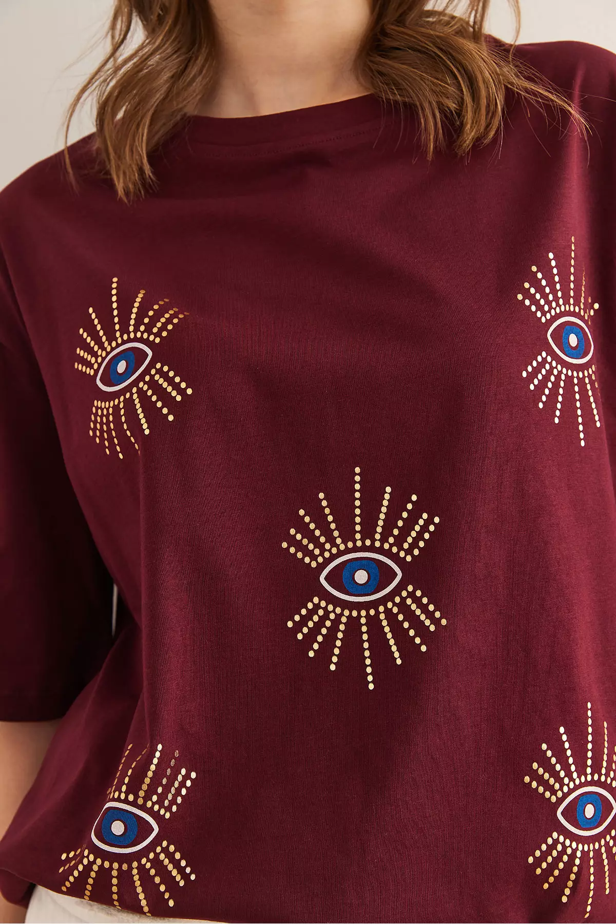 Women's Burgundy Eye Printed Foil Detailed T-Shirt Tsh- 19000770