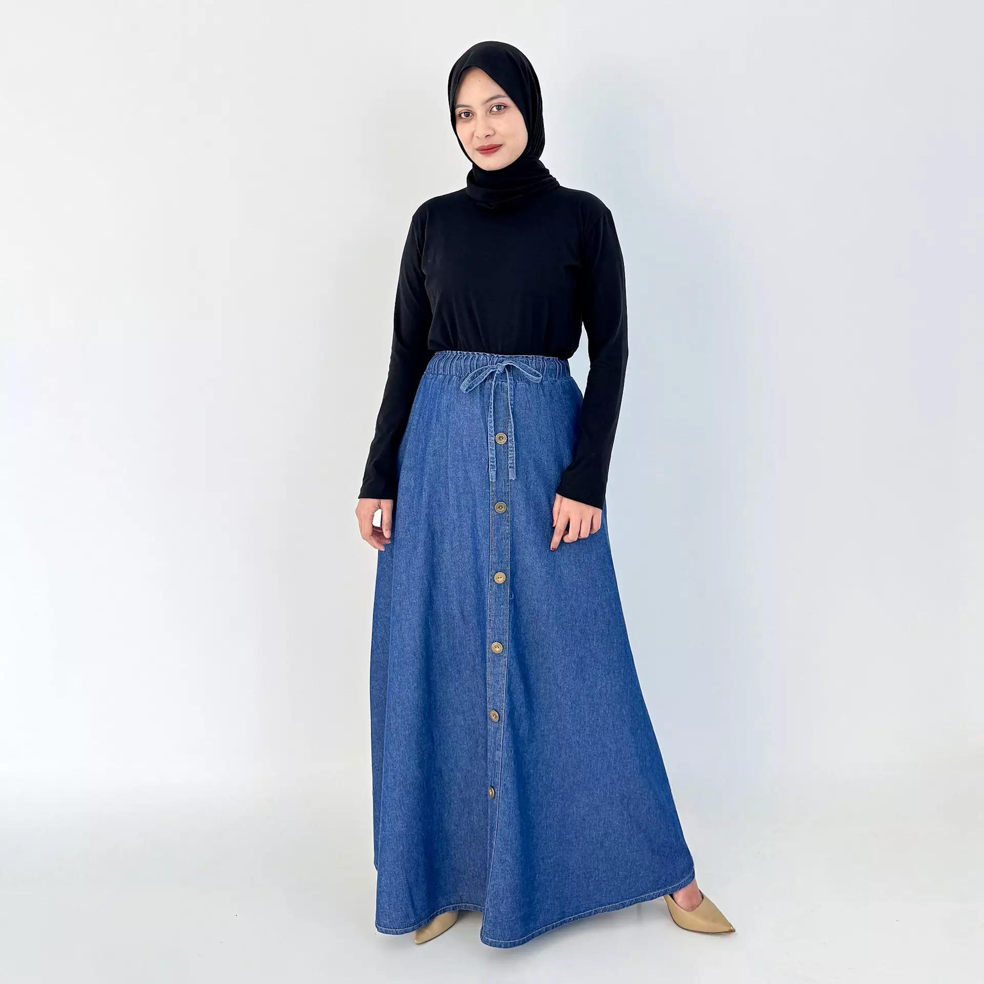 Niki Denim Flare Skirt BIRU TUA Rok Panjang Wanita Panjang 102 cm